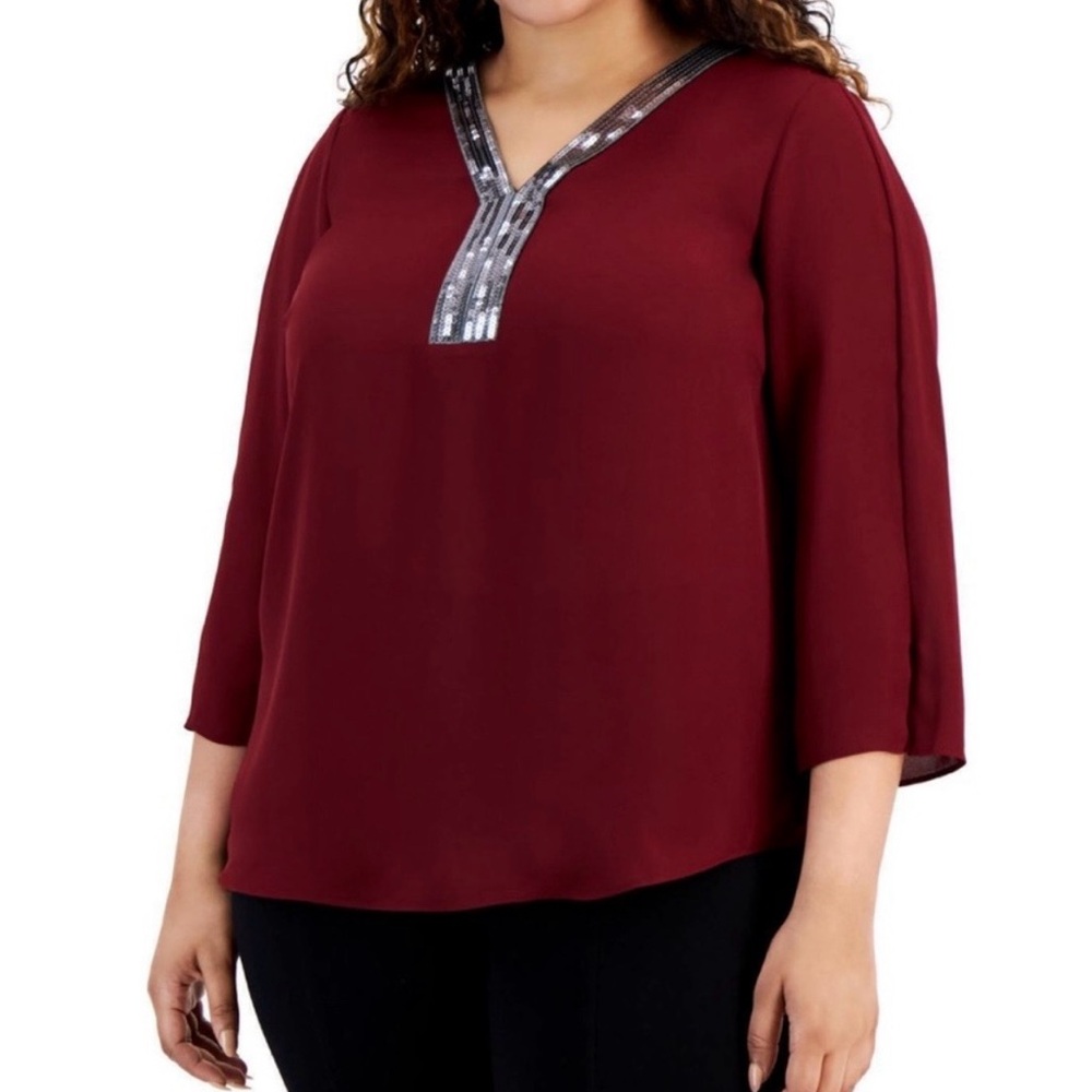 JM Collection Burgundy Blouse w/ Sequin Detail NWT 2X